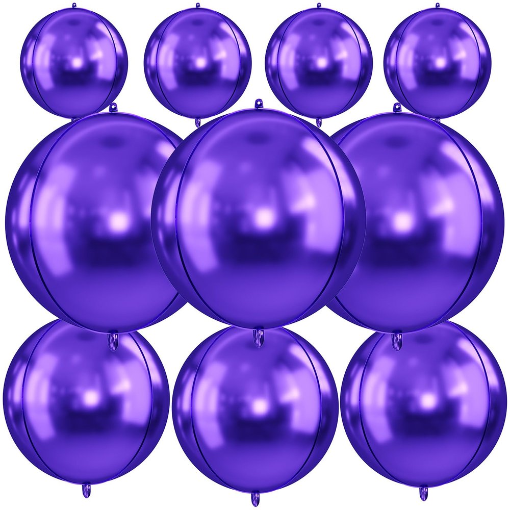 10Pcs Purple Round Foil Balloons, 22" 18" 15" 4D Helium Clear Balloon, Metallic Purple Foil Baloon for Graduation Birthday Wedding New Year 2026 Disco Anniversary Party Decorations