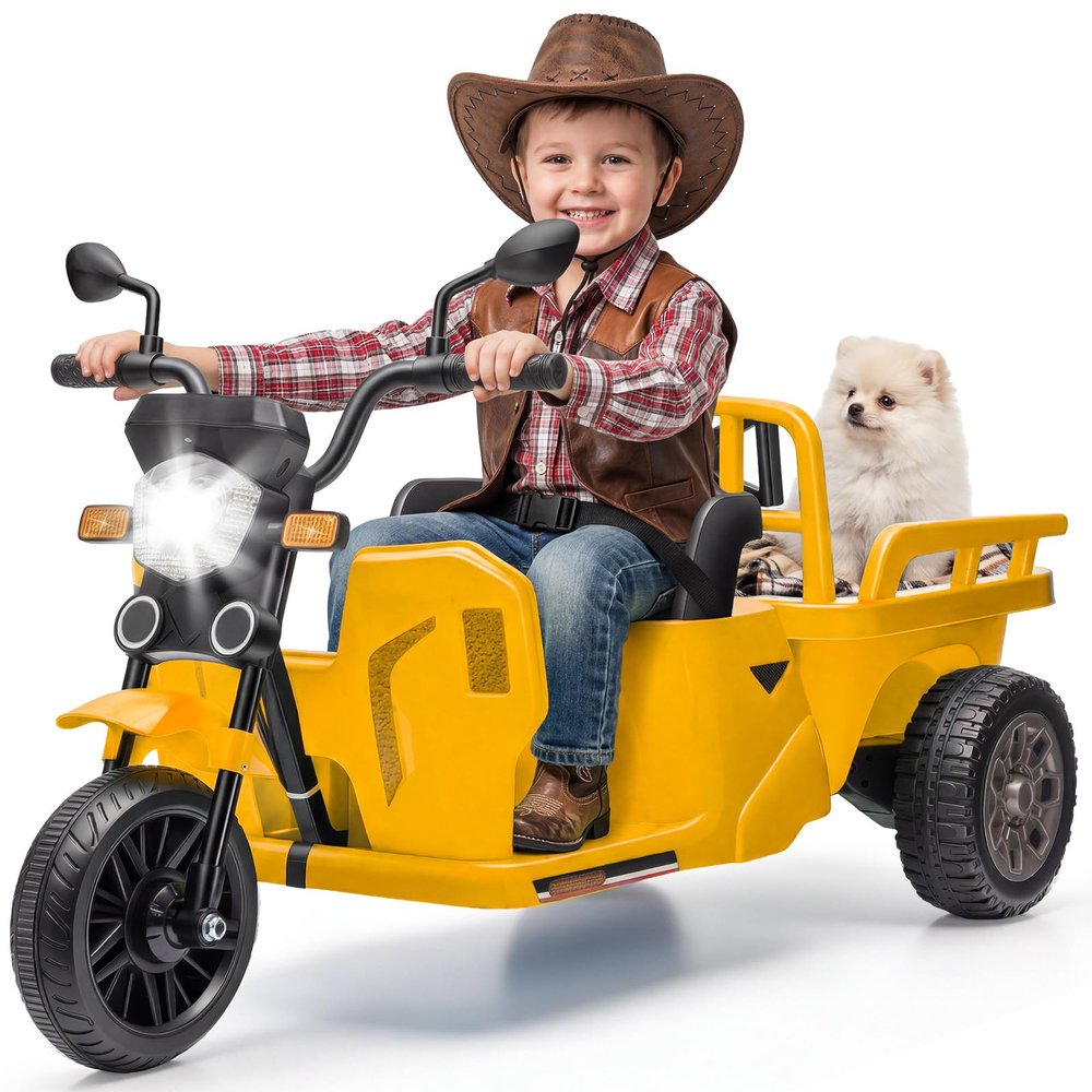 12V Kids Motorcycle, 3-Wheels Electric Tricycle with Trailer, Ride On Tractor Ride on Motorcycle for Kids Toddler, w/Sand Shovel, 2x55W Motor, Bluetooth, Music, Headlight, Gift for Boy Girl, Yellow