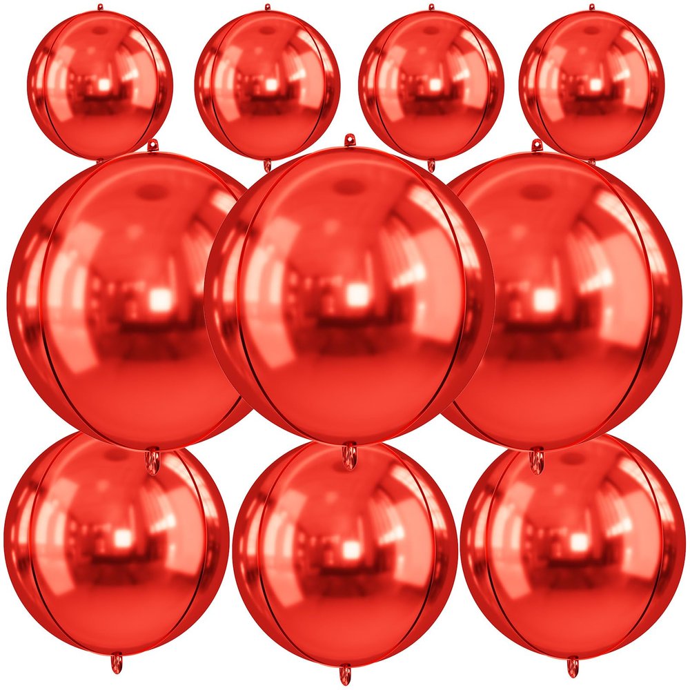 10Pcs Red Round Foil Balloons, 22" 18" 15" 4D Helium Sphere Balloon, Metallic Red Foil Baloon for Graduation Birthday Wedding New Year 2026 Disco Anniversary Party Decorations