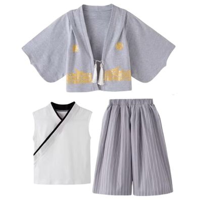 Dizoon Kids Boys Girls 3-Piece Set Japanese Kimono Spring Fall Long Sleeve Coat Vest Pants Japanese Style Costume