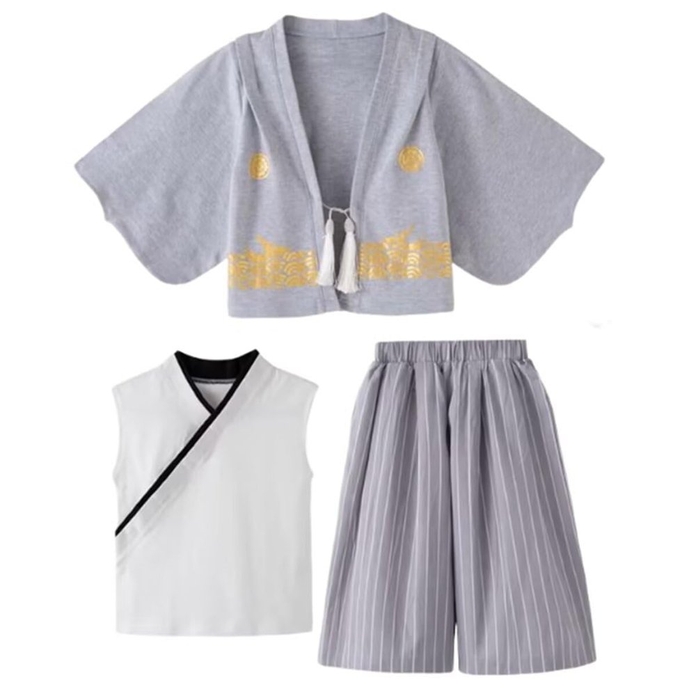 Dizoon Kids Boys Girls 3-Piece Set Japanese Kimono Spring Fall Long Sleeve Coat Vest Pants Japanese Style Costume
