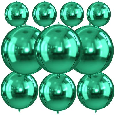 10Pcs Green Round Foil Balloons, 22" 18" 15" 4D Helium Sphere Golden Balloon, Metallic Green Foil Baloon for Graduation Birthday Wedding New Year 2026 Disco Anniversary Party Decorations
