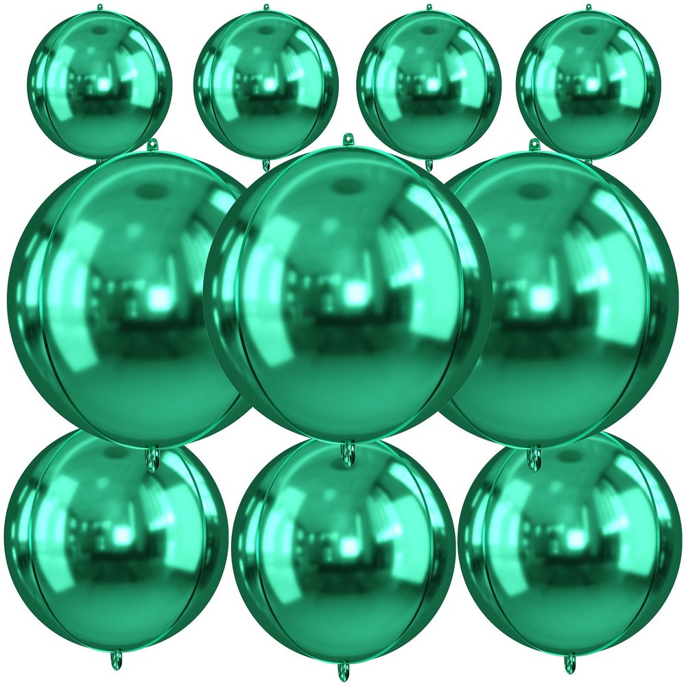 10Pcs Green Round Foil Balloons, 22" 18" 15" 4D Helium Sphere Golden Balloon, Metallic Green Foil Baloon for Graduation Birthday Wedding New Year 2026 Disco Anniversary Party Decorations