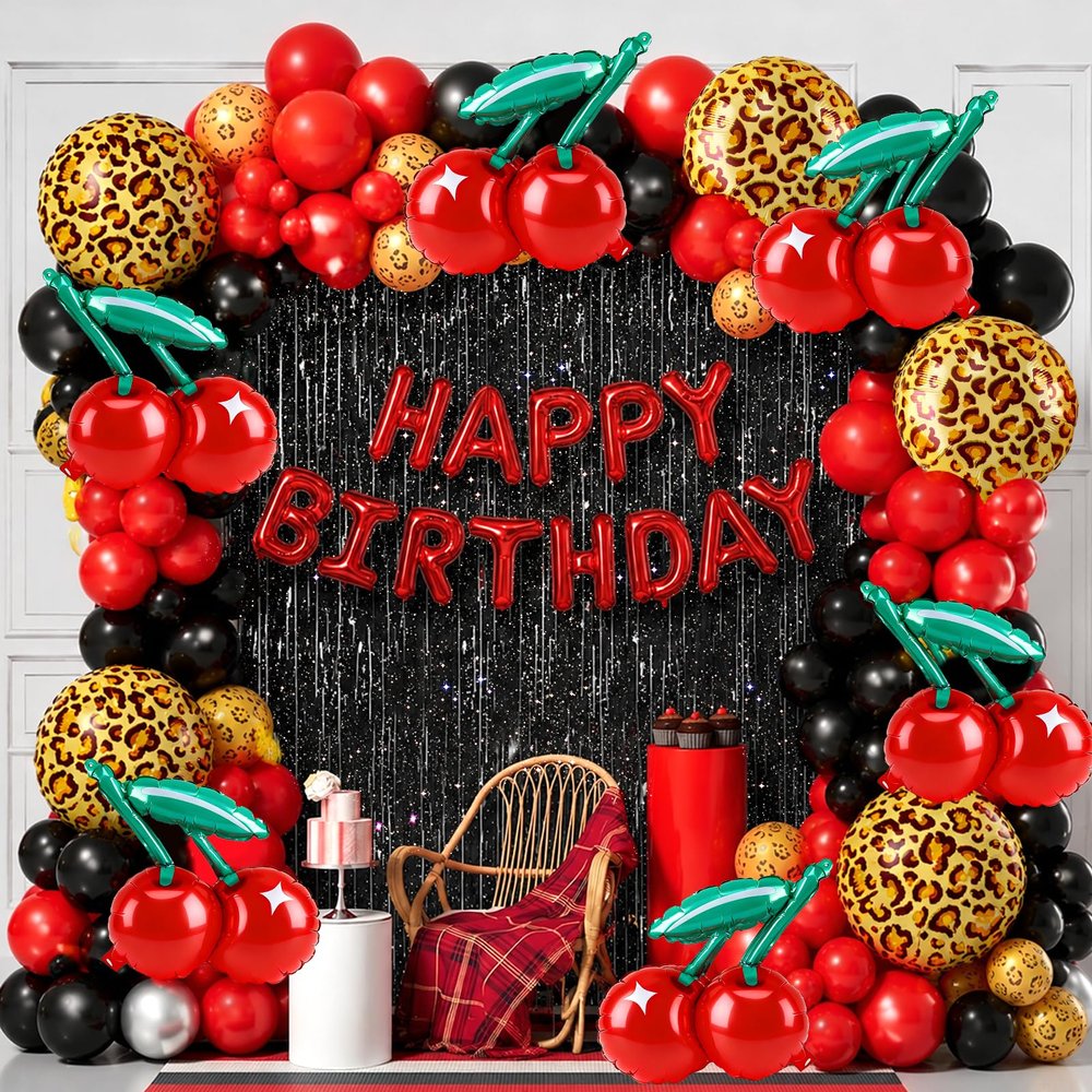 Lukinuo Cheetah Cherry Balloons Arch Kit Red Black Leopard Cherry Birthday Decorations Kit with Birthday Foil Banner and Black Laser Fringe Curtain for Girls Night