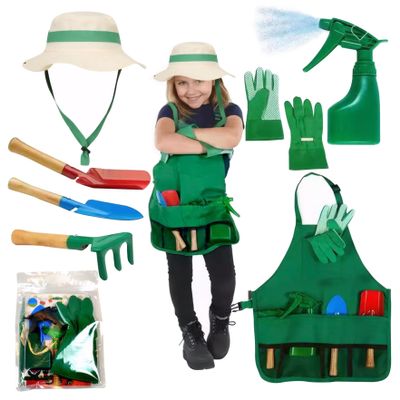 Kids Gardening Set 7Pcs/Set Educational Toddler Gardening Includes Apron, Sprayer, Gloves, Hat, Rake, Shovels Kids Tool for Cosplay Present for, Jouets Pour Enfants