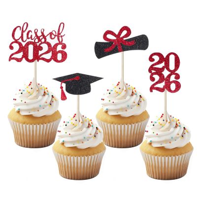 2026 Graduation Cupcake Toppers 36 PCS, Glitter Class of 2026 Grad Cap Diploma Picks for Graduation Party Cake Decorations Supplies Red