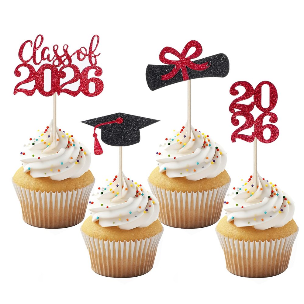 2026 Graduation Cupcake Toppers 36 PCS, Glitter Class of 2026 Grad Cap Diploma Picks for Graduation Party Cake Decorations Supplies Red