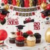 2026 Graduation Cupcake Toppers 36 PCS, Glitter Class of 2026 Grad Cap Diploma Picks for Graduation Party Cake Decorations Supplies Red view 4