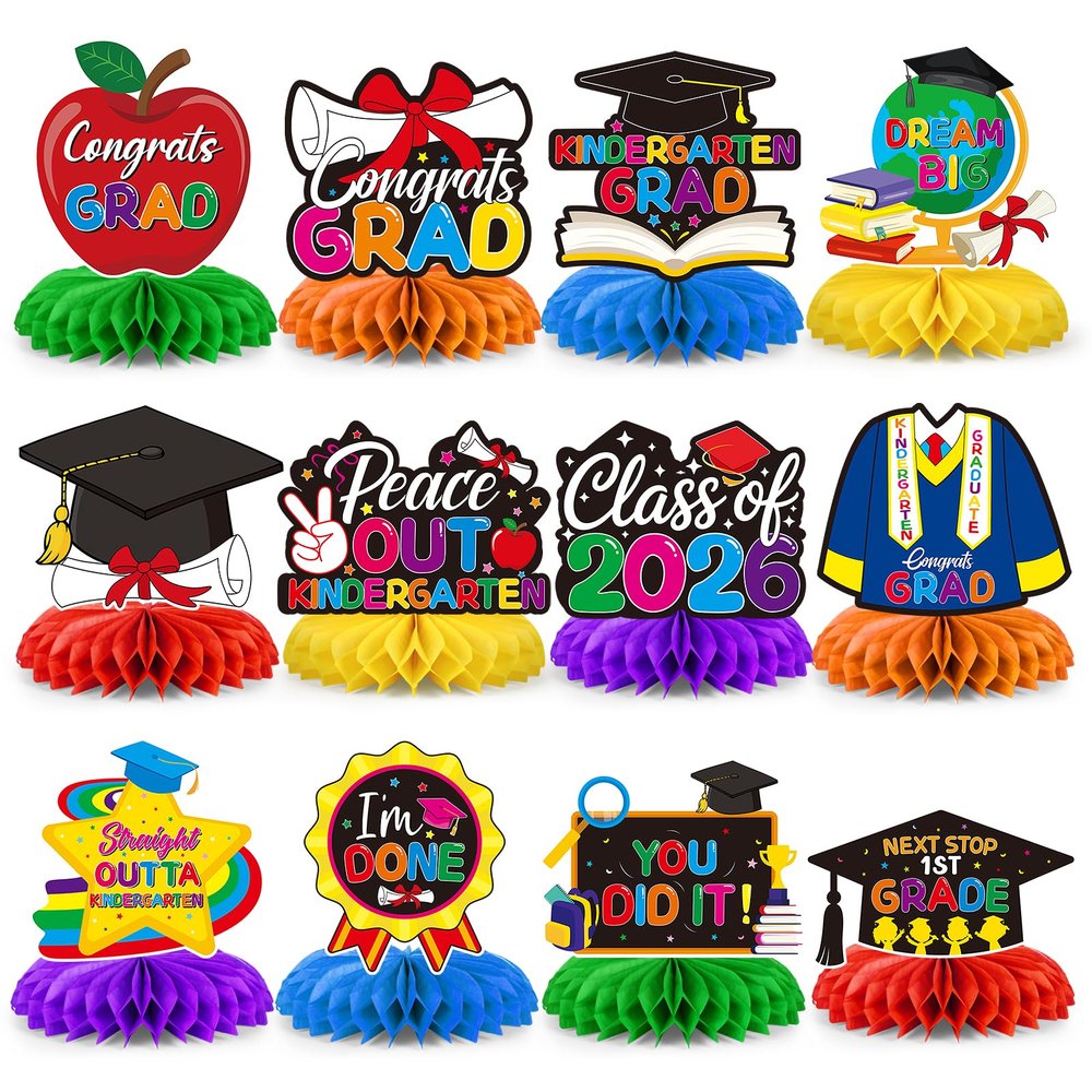 12 Pcs Kindergarten Graduation Decorations,Class of 2026 Kindergarten Graduate Party Honeycomb Centerpieces for Tables, Congrats Grad Table Honeycomb Centerpieces for Kids Graduation Party Supplies