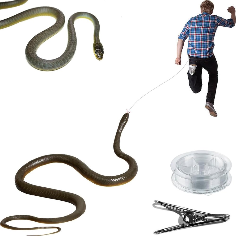 Xoeryoy Snake Prank with String Clip Plastic Realistic Snake Prank Funny Toy Reusable on a String for Adults Kids Family that Chase People Grey