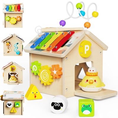 9-in-1 Wooden Activity Cube, Montessori Baby Activity Center Toys for 1+ Year Old Boys & Girls, Farm Theme Baby Cube with Car Toys & Shape Sorter, Educational Toy for Toddlers, Ideal Baby Gifts