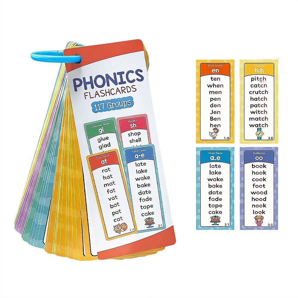 60pcs Phonics Flash Cards, 117 Sound Groups 900+ Rhyming Words, Sight Word Reading Mastery Cards for Kids 2-12 Years