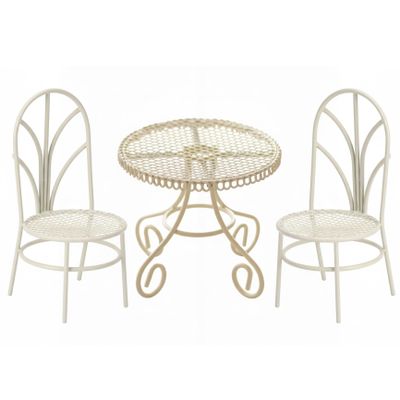 3Pcs Miniature Table Chairs Set Iron Dollhouse Furniture for Fairy Garden Decor Miniature Chair Table for Dolls Display Beige