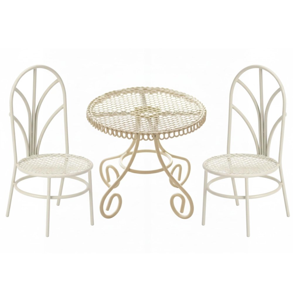 3Pcs Miniature Table Chairs Set Iron Dollhouse Furniture for Fairy Garden Decor Miniature Chair Table for Dolls Display Beige