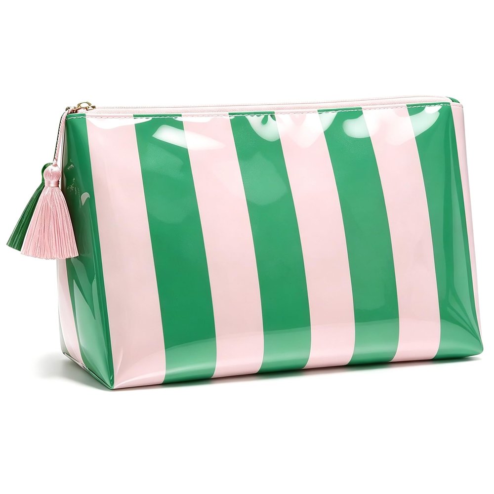 LETGO Green Pink Striped Waterproof PVC Beach Makeup Bag with Tassel Zipper, Large Preppy Coastal Summer Beach Vacation Travel Toiletry Cosmetic Pouch for Women(Green Pink)