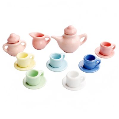 15 Piece Miniature Tea Set for Dollhouse Colorful Ceramic Mini Tea Cups & Accessories 1/12 Scale Dollhouse Decor