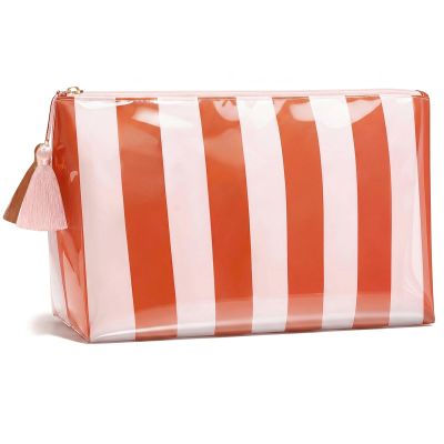 LETGO Striped Clear Sunscreen Bags for Beach Pool,Preppy Makeup Bag for Women,Sun Bag Waterproof Travel Toiletry Makeup Bag,Travel Beach Pool Summer Essentials Bag for Women Girls(Orange Pink)