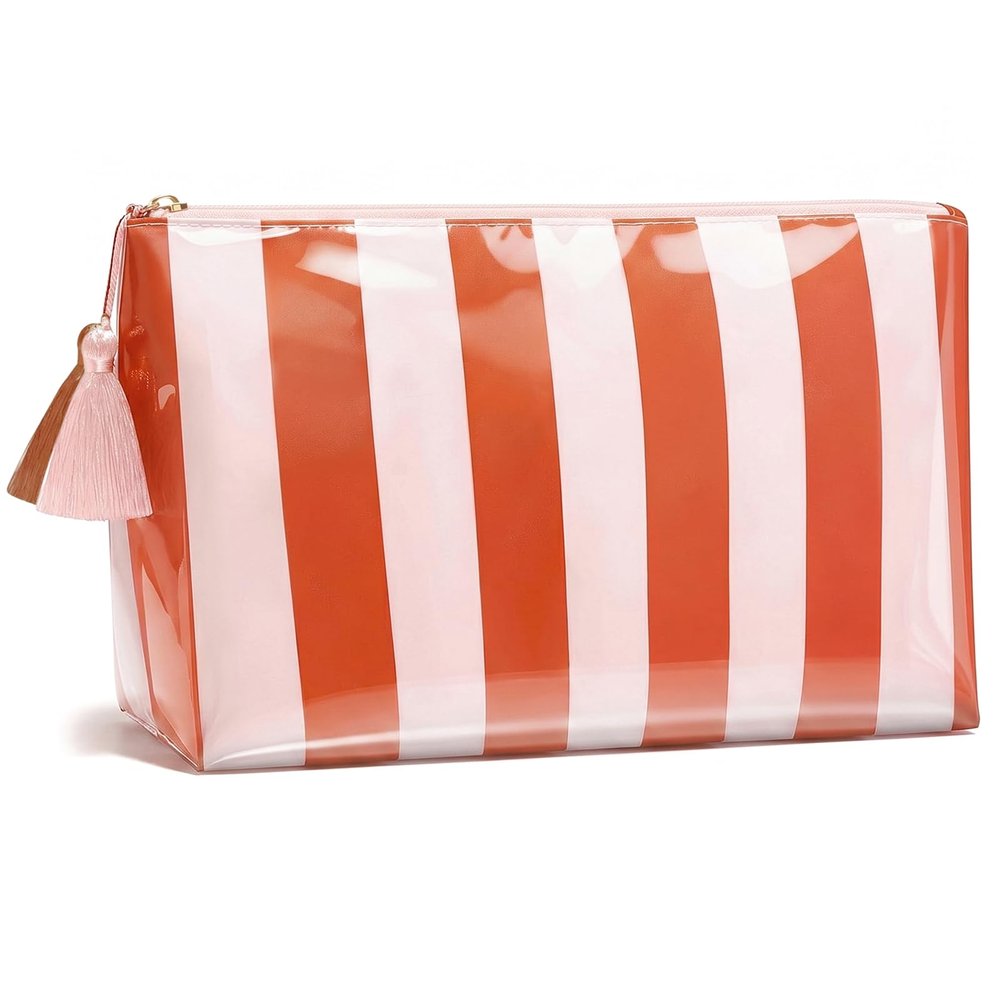 LETGO Striped Clear Sunscreen Bags for Beach Pool,Preppy Makeup Bag for Women,Sun Bag Waterproof Travel Toiletry Makeup Bag,Travel Beach Pool Summer Essentials Bag for Women Girls(Orange Pink)