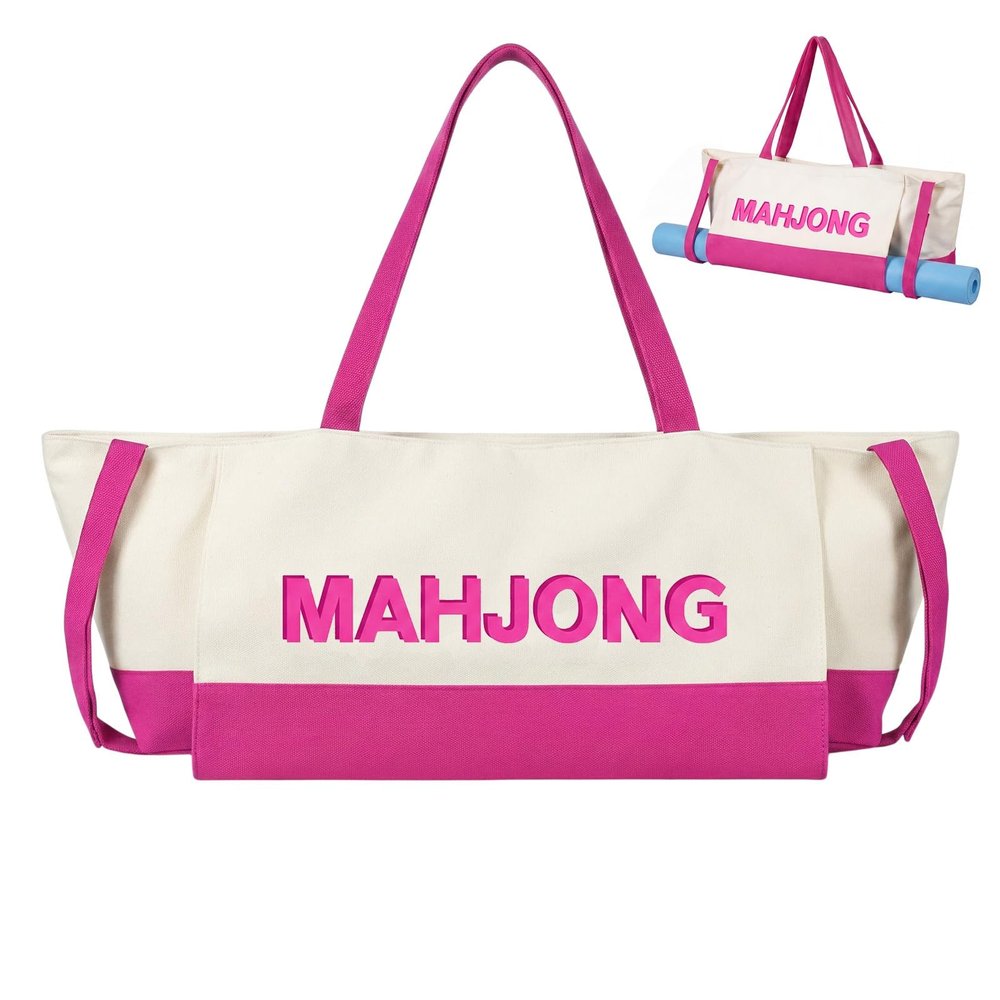 Abbylike 28x9 Inches Mahjong Bag for Rolled Mat Tiles Racks Pushers Accessories Empty Mahjong Tote Bag with Zipper Closure Outer Pockets Lining Large Capacity(Beige&hot Pink,Canvas)