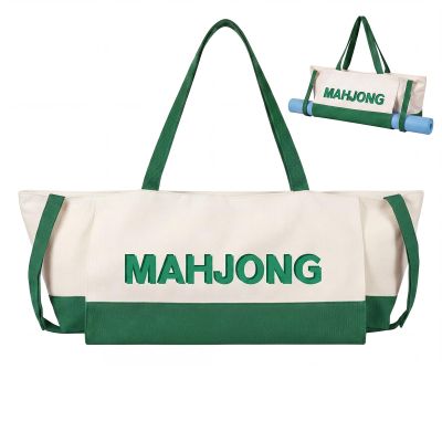 Abbylike 28x9 Inches Mahjong Bag for Rolled Mat Tiles Racks Pushers Accessories Empty Mahjong Tote Bag with Zipper Closure Outer Pockets Lining Large Capacity(Beige&Green,Canvas)