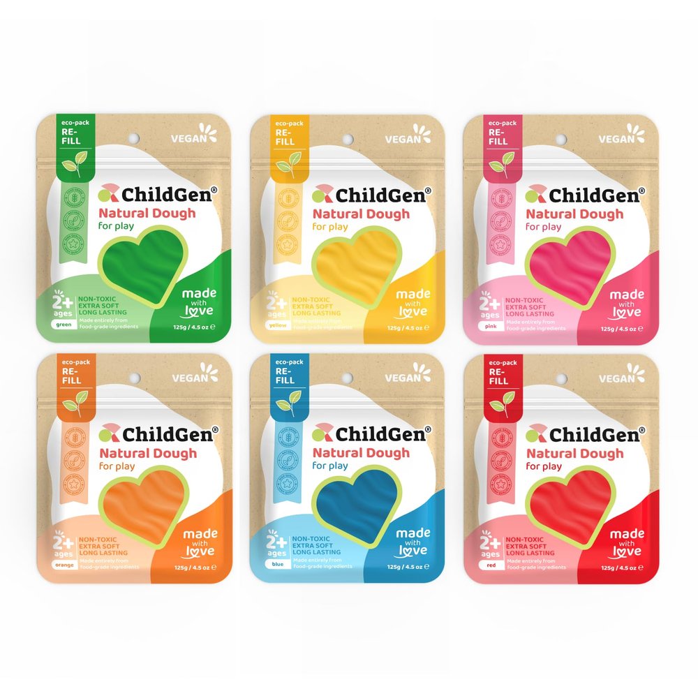 ChildGen Natural Play Dough Refill Pack, 125g (4.4 oz) Non-Toxic, Food-Grade Modeling Dough for Kids, Soft Sensory Play, Resealable On-the-Go Pack (Set of 6)