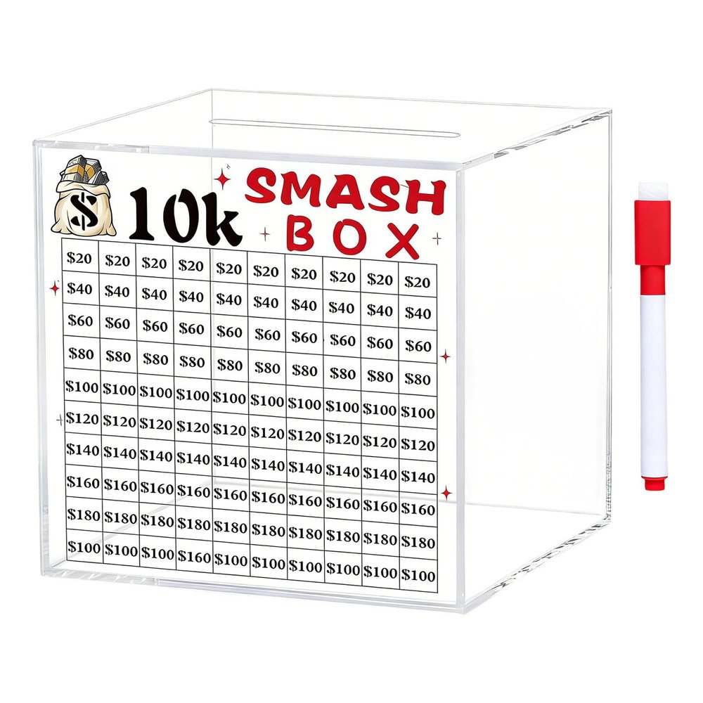 10K/20K Smash Box Money Saving Challenge,Clear Acrylic Piggy Banks Break to Open Cash Vaults,Cash and Coin Collection Smash Money Saving Challenge