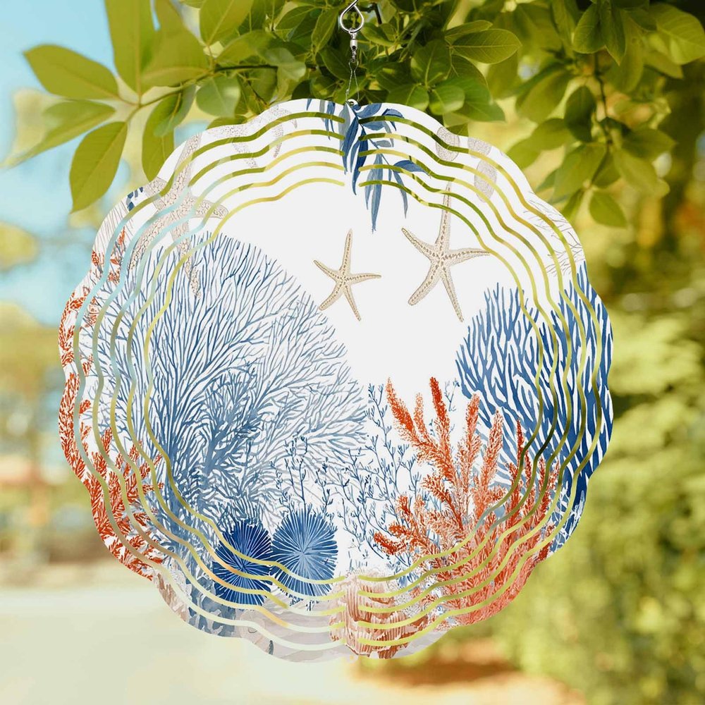 Summer Ocean Starfish Coral Wind Spinner for Garden Yard 3D Stainless Steel Hanging Wind Spinners, Marine Creature Theme Spinners Outdoor Metal Decor for Lawn Patio Home