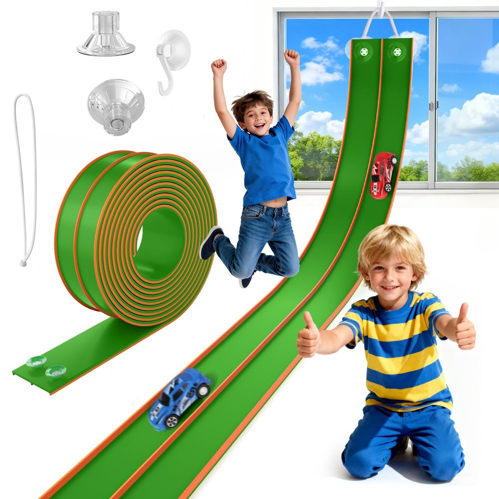 TAEMVV 15 Ft Dual Flexible Race Track for Kids, DIY Ramps Car Track Set Compatible with Hot Wheels 1/64 Diecast Cars, Reinforced Suction Cup for Boys Girls 3+, Green&Orange