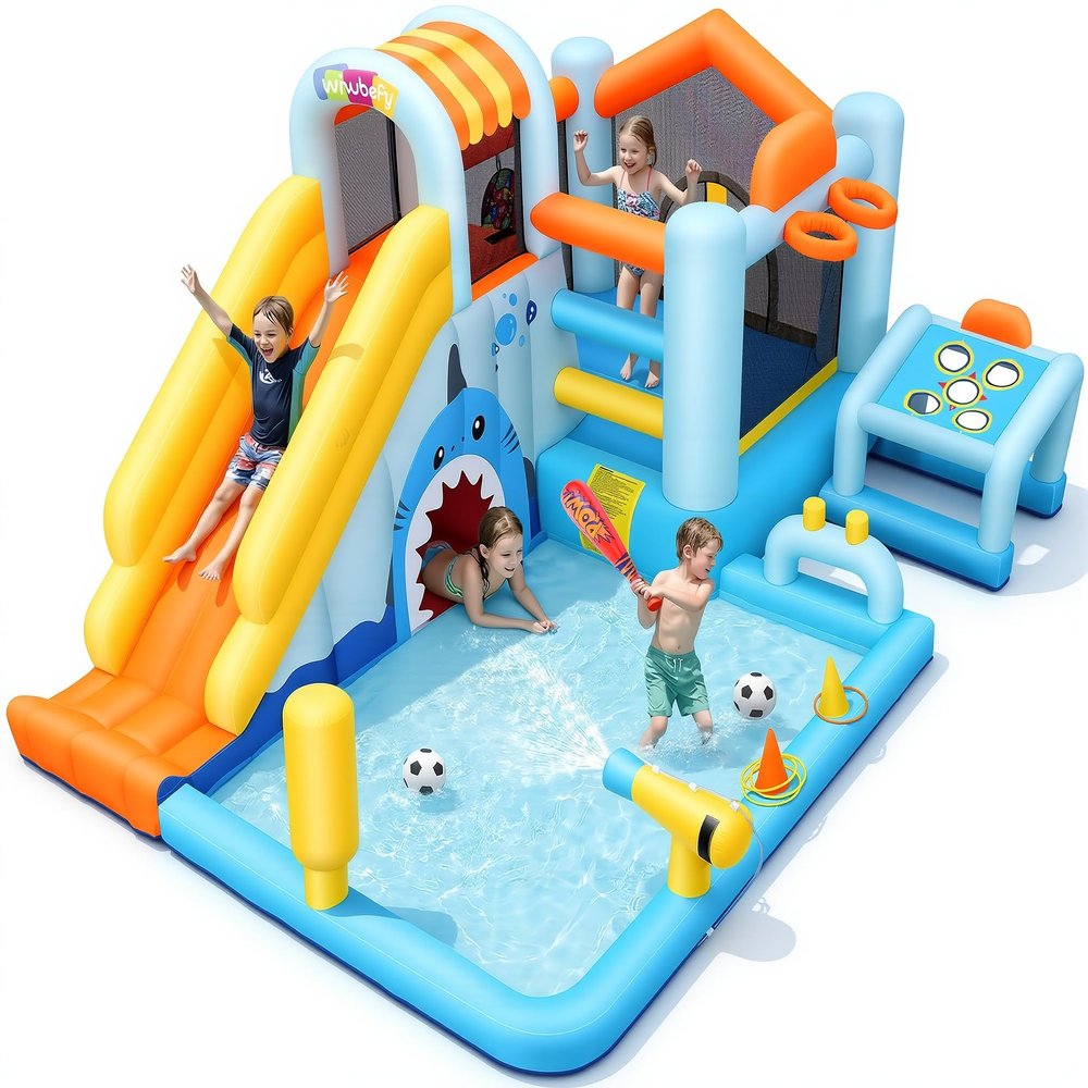 24-in-1 Unicorn Shark Cave Inflatable Water Slides Bounce House Wet Dry Park for Kids Backyard with Blower, Splash/Ball Pit Pool, Basketball Hoop & Soccer Goal, Dart Board & Baseball Tee Play Station