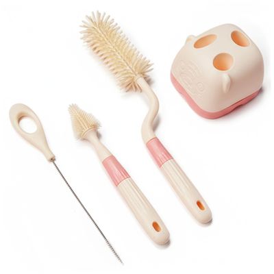 Baby Bottle Brush Set with Stand - 3-Piece Silicone Bottle Brush Kit for Bottles, Nipples, Straws | BeigeSilicone BrushSilicone Baby BrushBottle with Stand