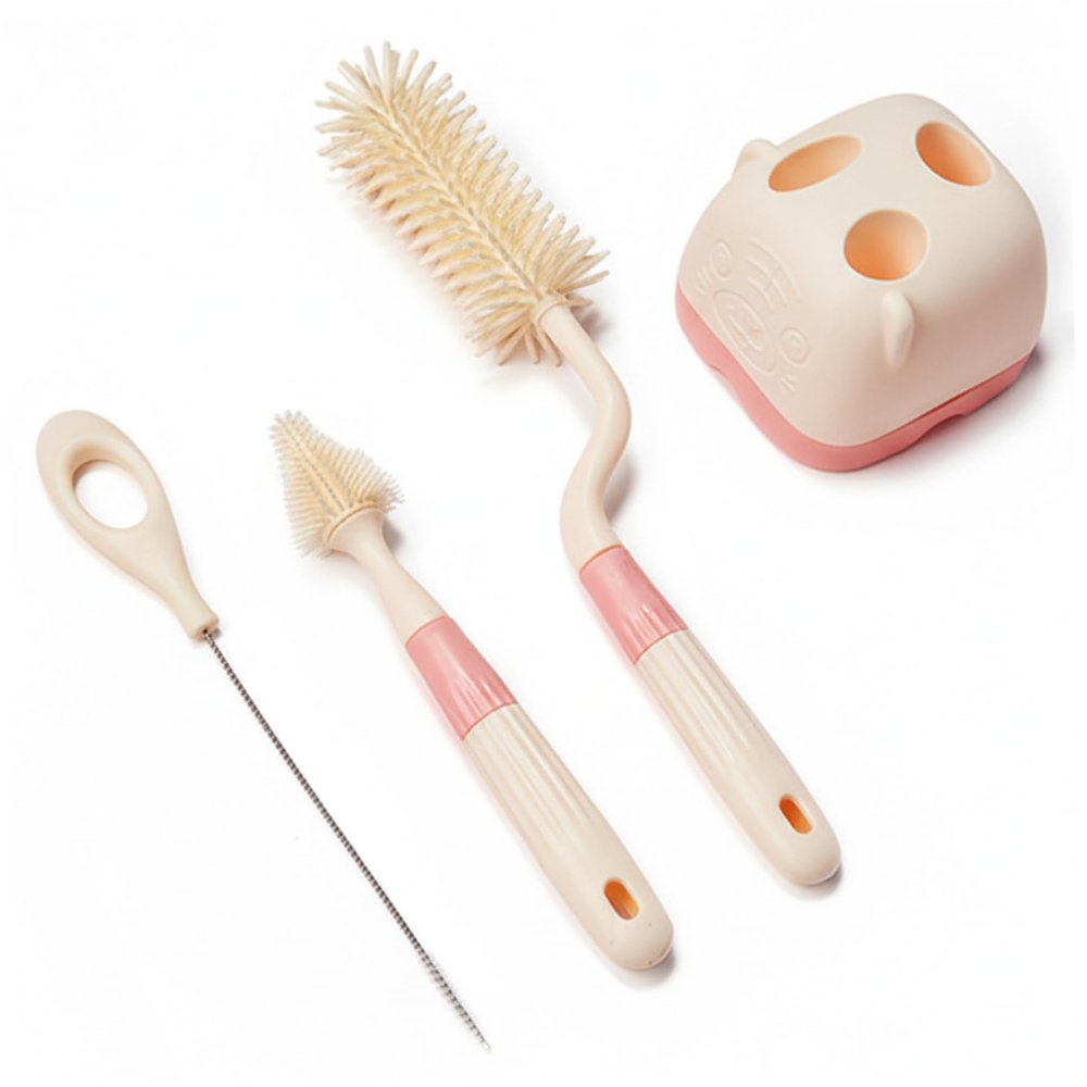 Baby Bottle Brush Set with Stand - 3-Piece Silicone Bottle Brush Kit for Bottles, Nipples, Straws | BeigeSilicone BrushSilicone Baby BrushBottle with Stand
