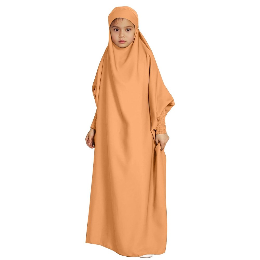 Kids Abaya Solid Color Hooded Batwing Sleeve Abayas Large Swing Casual National Costume for Girls Abayas