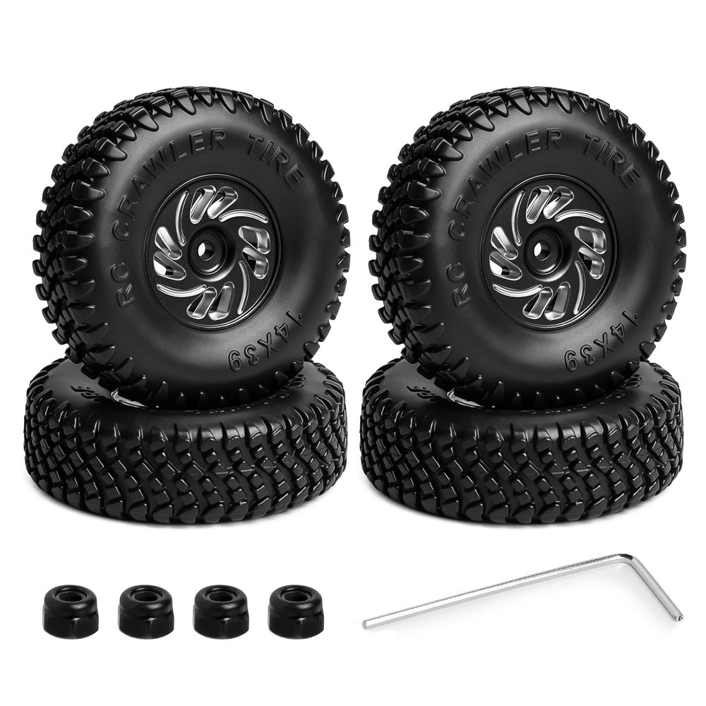 0.7" Beadlock Wheels Tires Set for Axial SCX30 Upgrades, 39 * 14mm, CNC Aluminum Wheel Brass Outer Rim and Tires with Foam Inserts Replacement for 1/30 RC Crawler Car Ford Bronco K10, Black