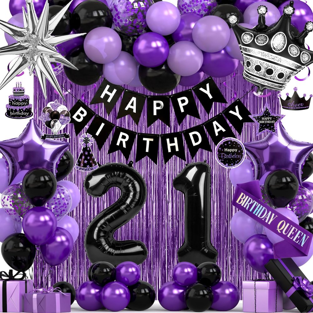 21st Birthday Decorations for Women - Black Purple 21 Birthday Party Packs