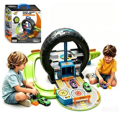 MEERAIN 1:64 Scale Pack Away Garage Toy Set,4 Metal Cars,17 Road Sign,Parking Lot, Gas Station, Maintenance Station,Detachable Ramps, Ideal for Indoor/Outdoor Play, Toys Gift for Boy Girl Aged 3+