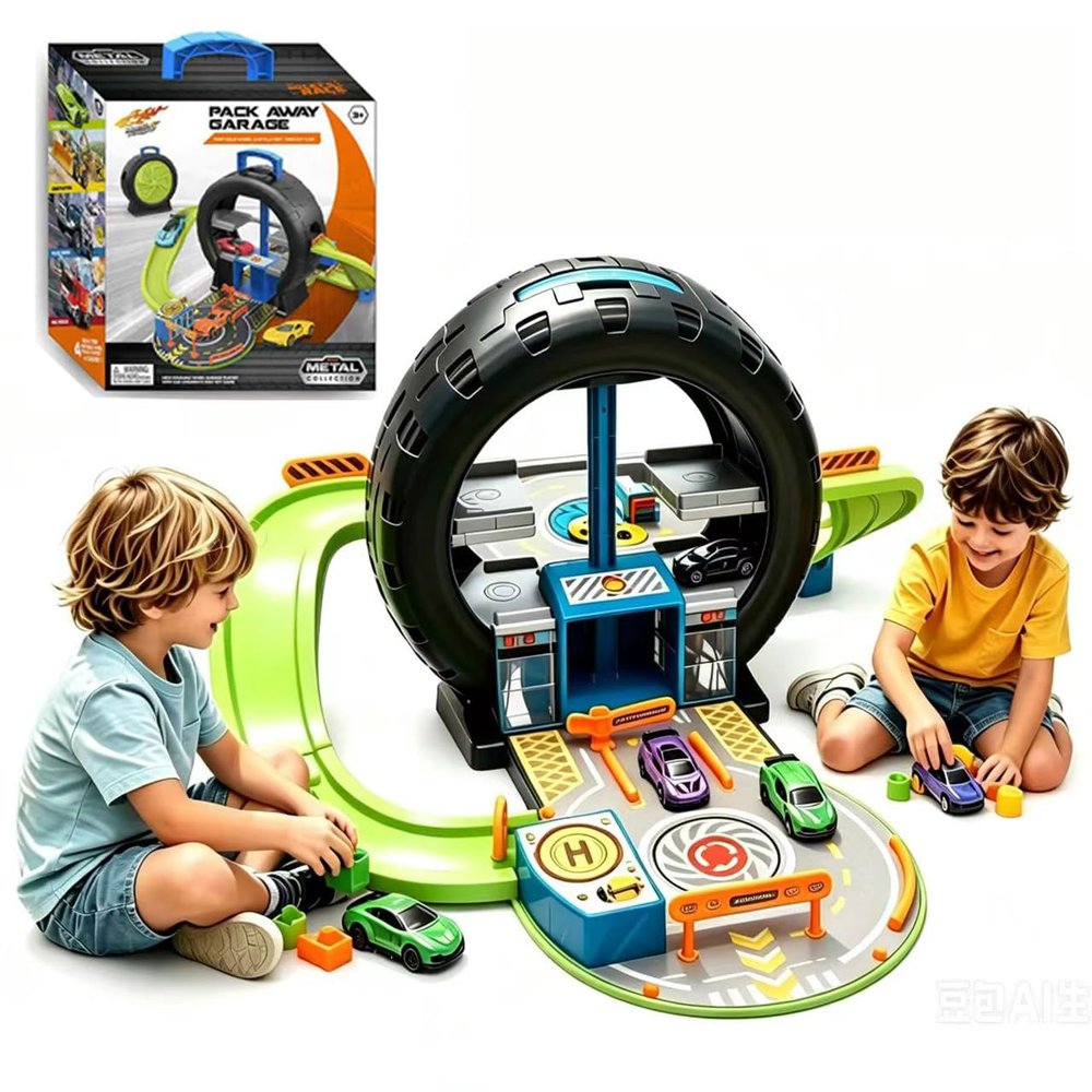MEERAIN 1:64 Scale Pack Away Garage Toy Set,4 Metal Cars,17 Road Sign,Parking Lot, Gas Station, Maintenance Station,Detachable Ramps, Ideal for Indoor/Outdoor Play, Toys Gift for Boy Girl Aged 3+