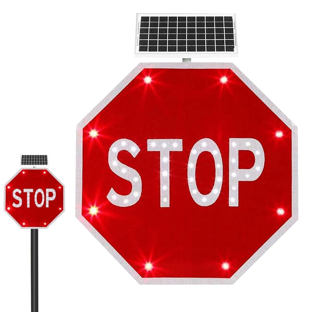 Auoriflex 24" Solar Stop Sign, Flashing Street Traffic Warning Sign, Aluminum Octagon Traffic Control Signs, Engineering Grade Reflective Film for Street Road School Parking Lot
