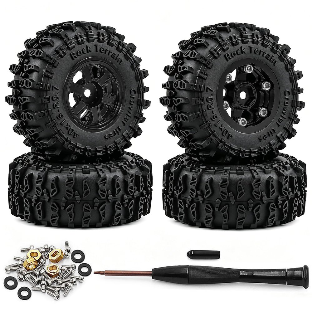 0.7" Beadlock Wheels and Tires 40 * 16mm Set Replacement for Axial SCX30 Upgrades 1/30 RC Crawler Car Ford Bronco K10 Ascent-32, CNC Machined Aluminum, with Foam Inserts, Black