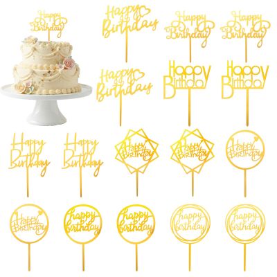 16Pcs Gold Happy Birthday Cake Topper Mirror Acrylic Birthday Cupcake Toppers Gold Cake Decorations for Cakes Cupcakes Desserts
