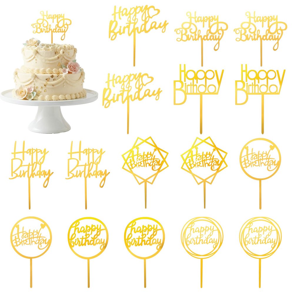 16Pcs Gold Happy Birthday Cake Topper Mirror Acrylic Birthday Cupcake Toppers Gold Cake Decorations for Cakes Cupcakes Desserts