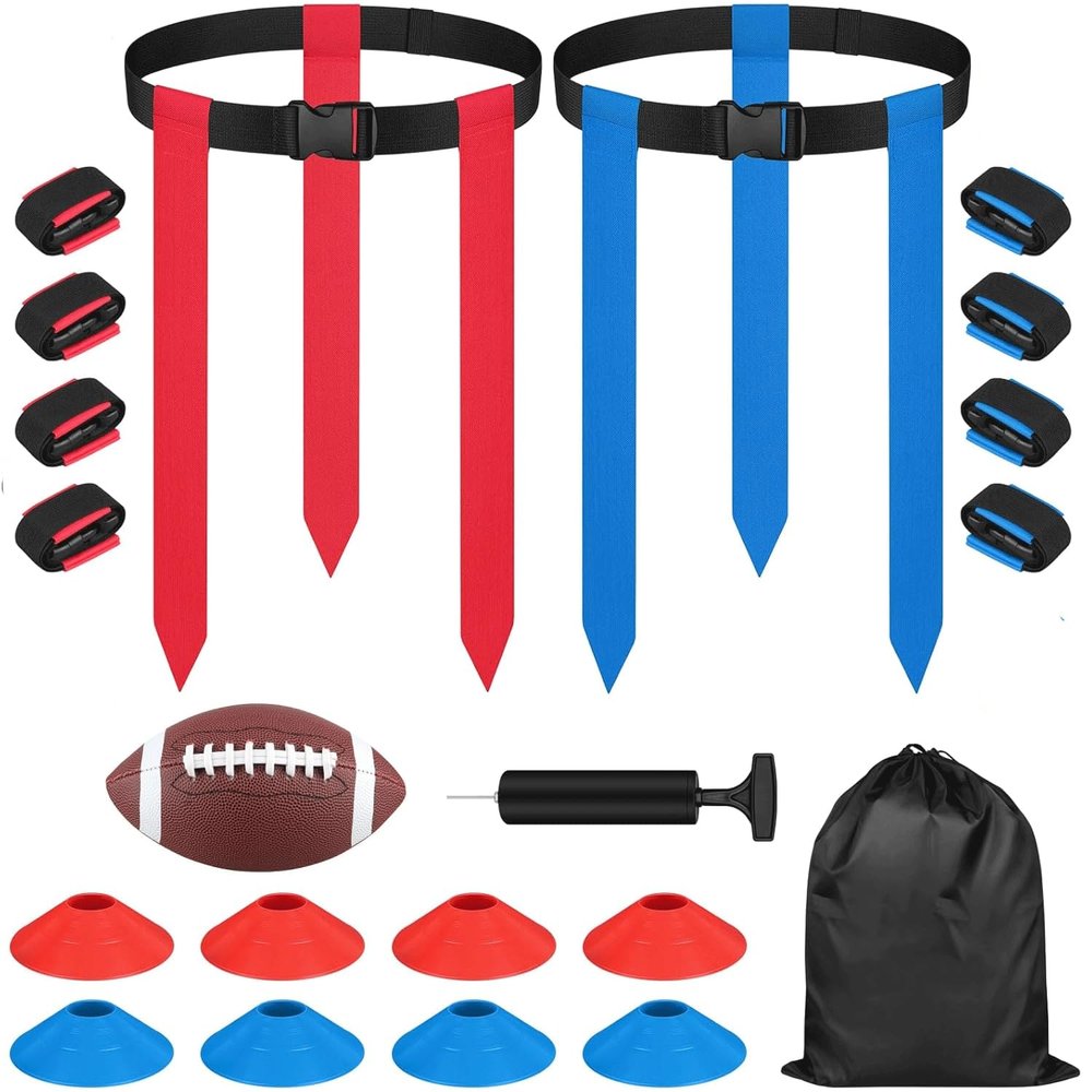 ADIZEN Flag Football Set for 8 Players with 24 Flags, Adjustable Flag Football Belts, 8 Training Cones, Size 3 Ball, Pump and Bag, Youth Kids Adults Outdoor Flag Football Game