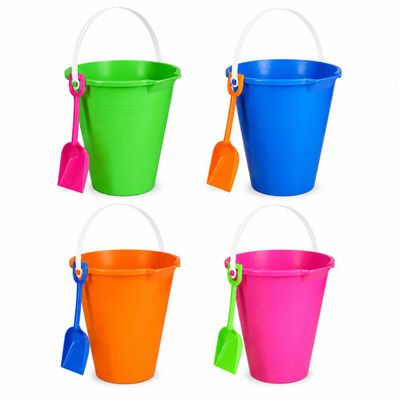 3 Pack - Colorful Plastic Beach Bucket with Shovels, 9 in. Outdoor Summer Fun Sand Pail for Beach, Pool, Travel, Party Favors - Assorted Colors (Pink Green Orange, and Blue