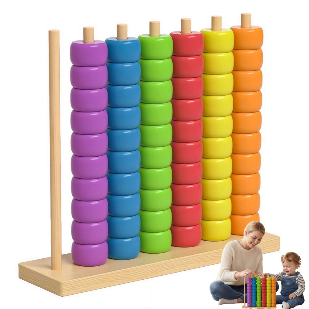 Color Matching Stacking Puzzle Game Fast Pattern Challenge Ring Stack for 2 Players, Competitive Tabletop Brain Teaser with Wooden Racks & Rings, Family Game Night Activity for Kids & Adults
