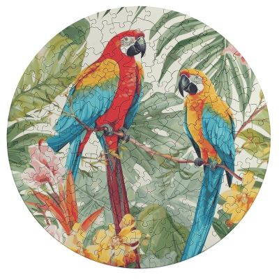 Jigsaw Puzzle 195 Pcs Challenging Round Animals Puzzle Tropical Plants and Parrots Wooden Jigsaw Puzzles for Adults Families