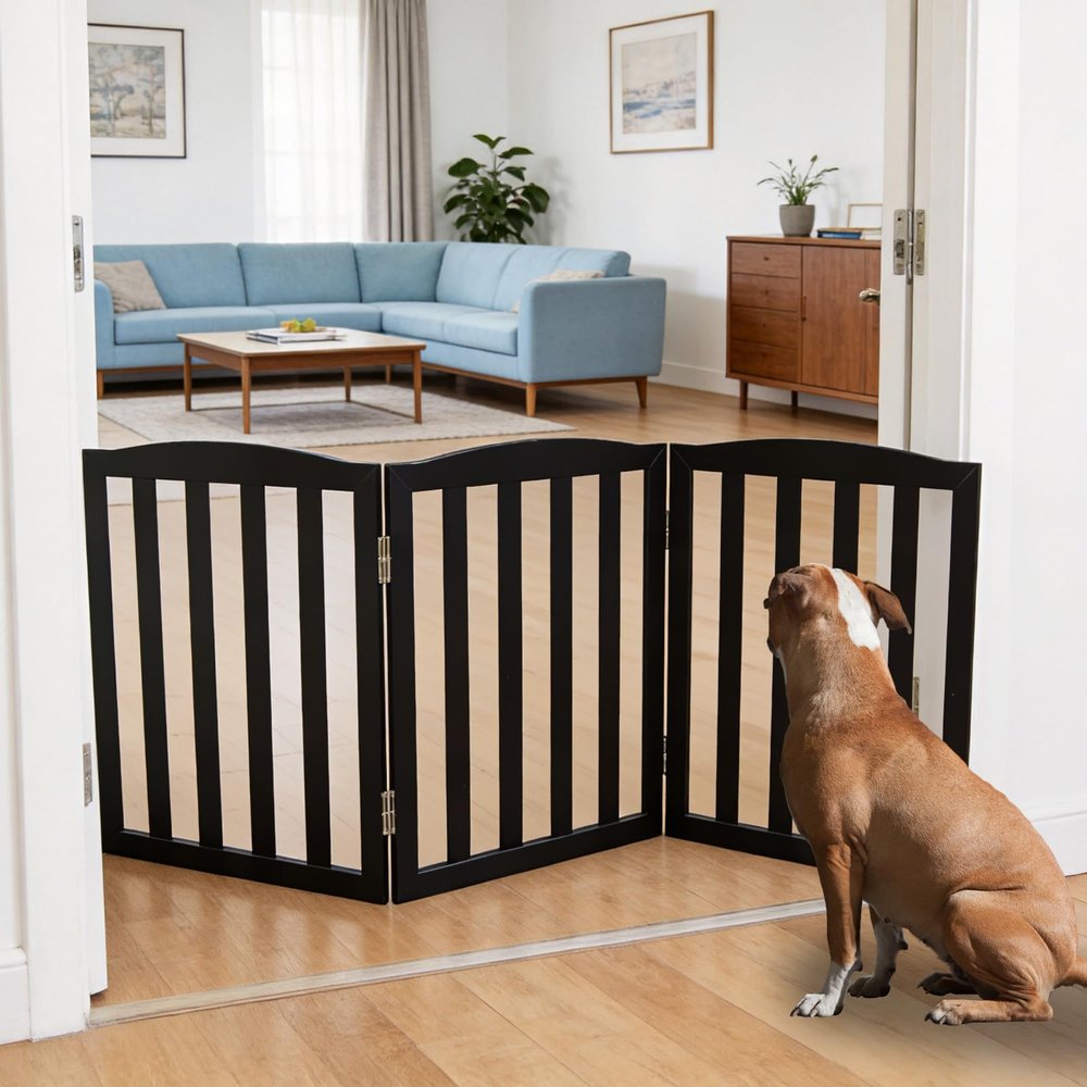 ZJSF Foldable Freestanding Indoor Dog Gate for House Wood White Long Pet Gates Dog Fence for Stairs Puppy Gates for Hallways, Puppy Gate,Support Feet Included, Black, 24 "Height-3 Panels
