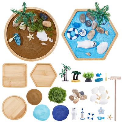 BEAMARKER Ocean Zen Garden Kit for Desk DIY Mini Sandbox Sand Table Kit with Bamboo Coaster Rake Decorative Sand Cobblestone Shell Beads Resin Decorations Artificial Plants Moss Desktop Decor
