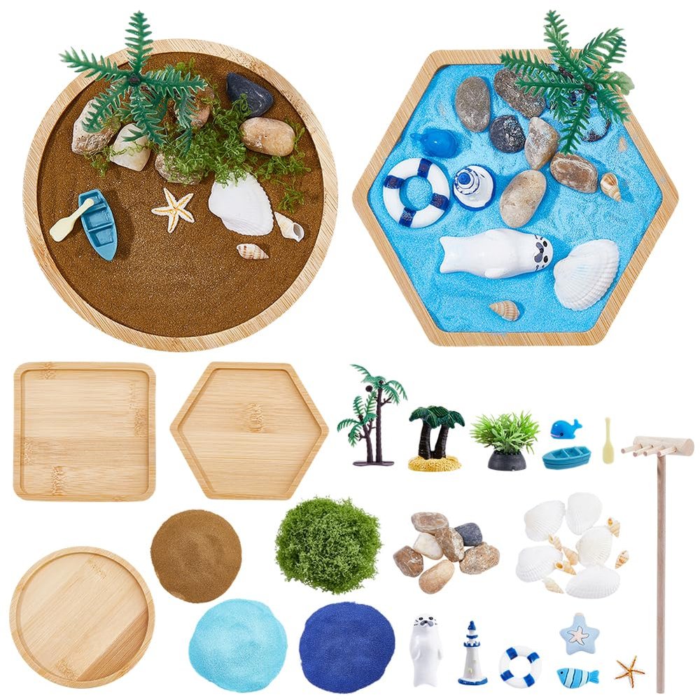 BEAMARKER Ocean Zen Garden Kit for Desk DIY Mini Sandbox Sand Table Kit with Bamboo Coaster Rake Decorative Sand Cobblestone Shell Beads Resin Decorations Artificial Plants Moss Desktop Decor