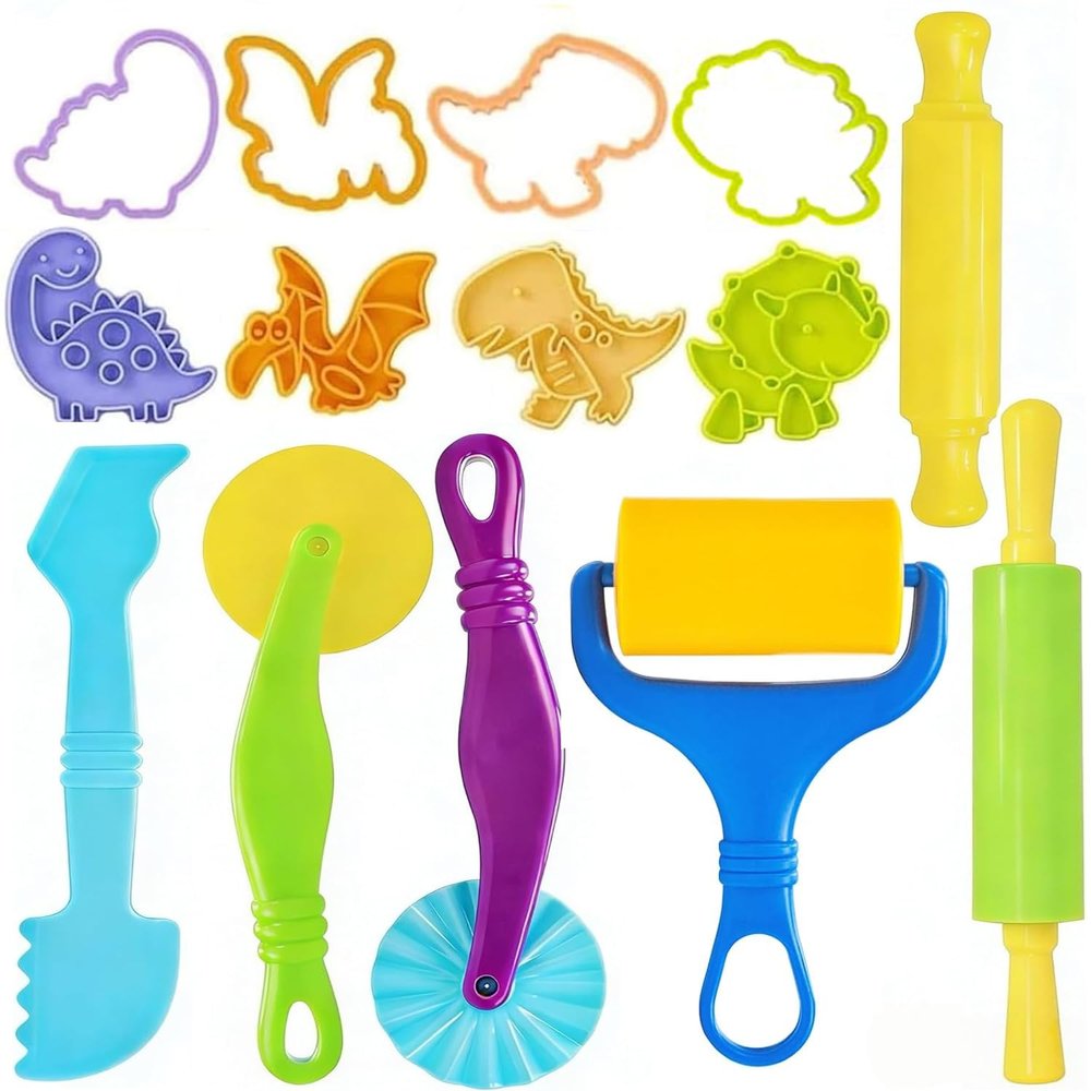 Jaeespon 14Pcs Dough Tools Play for Kids-Dough Accessories Dinosaur Rolling Pins Cutters Roller, Party Favors Toy for Ages 3+