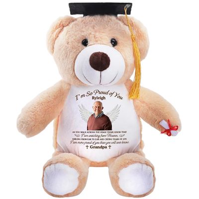 A Hug From Heaven On Graduation - Personalized Teddy Bear 2026, Custom Photo Memorial Graduation Gift for Grandson, Granddaughter from Grandpa, Grandma, Sympathy Message Class of 2026 Bear from Heaven