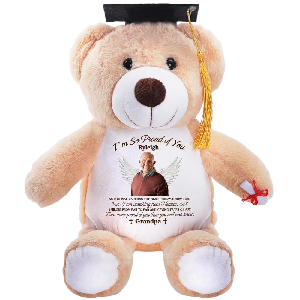 A Hug From Heaven On Graduation - Personalized Teddy Bear 2026, Custom Photo Memorial Graduation Gift for Grandson, Granddaughter from Grandpa, Grandma, Sympathy Message Class of 2026 Bear from Heaven